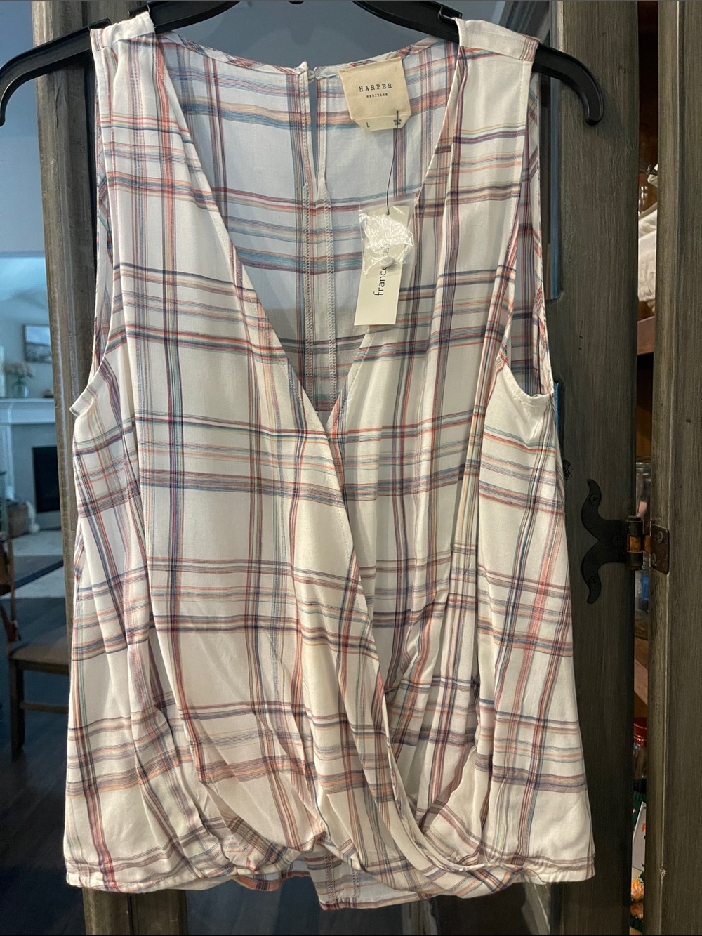 Frame Denim Sleeveless Plaid Faux-Wrap Top - White, Pink, Blue